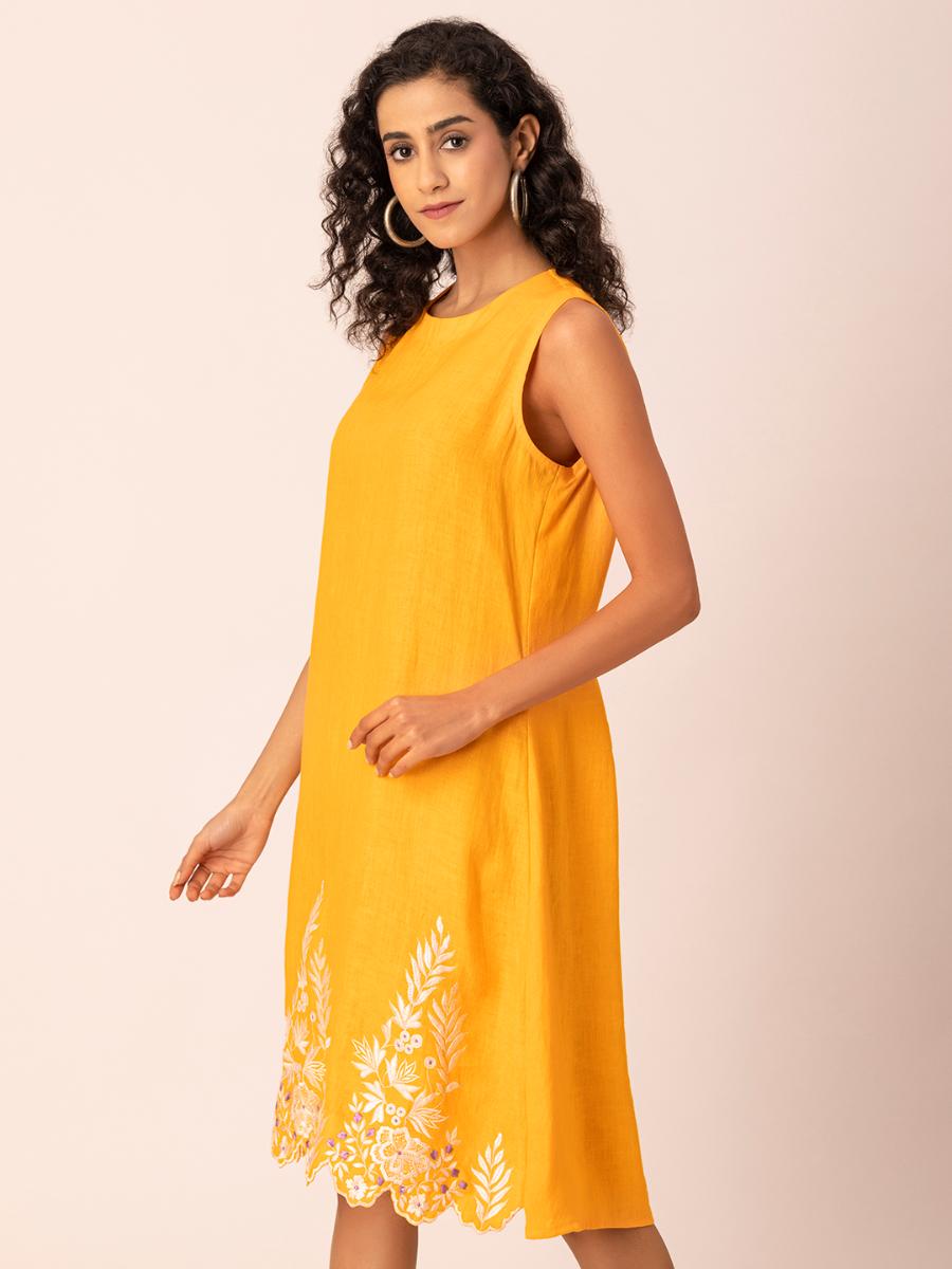 Yellow Embroidered Hemp Sheath Dress