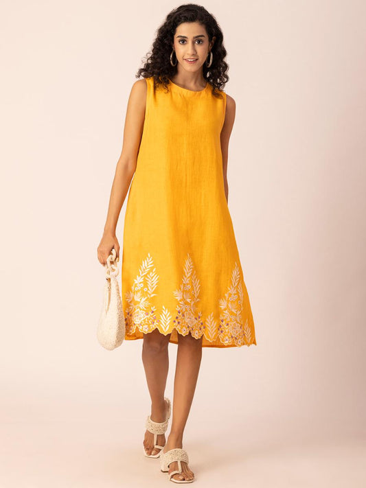 Yellow Embroidered Hemp Sheath Dress