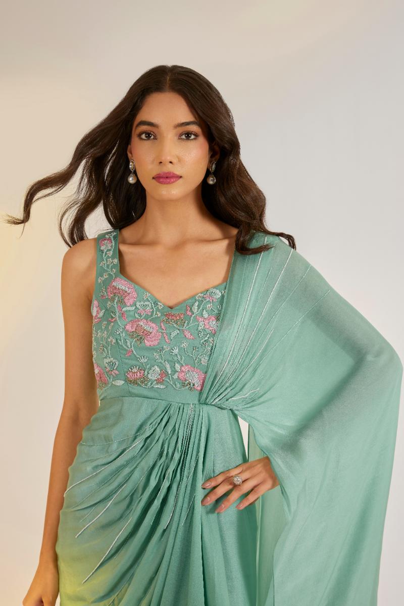 Sage Green Embroidered Saree Gown