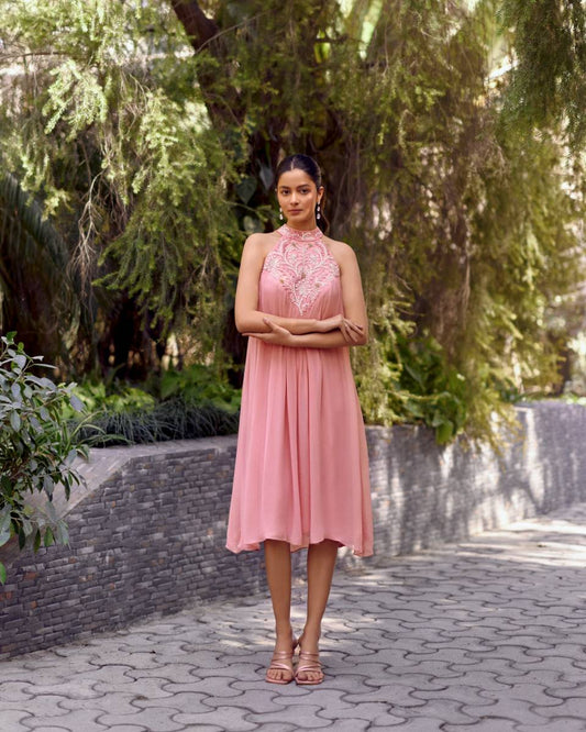 Pink Georgette Embroidered Bemberg Dress