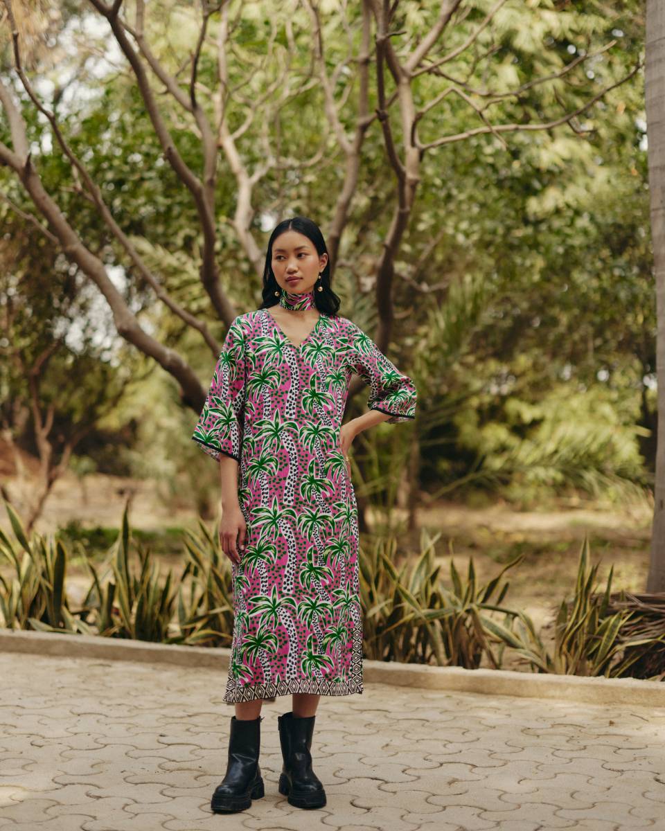 pink and green palm leaf dress Victoria Dunn Quinn Dahlia Dress