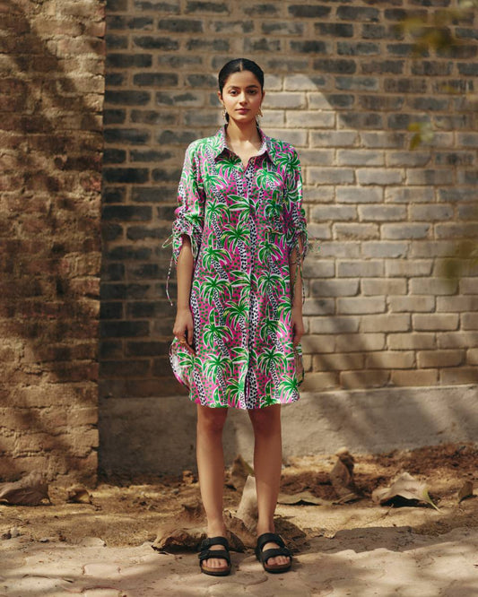 Palm Print Hemp Shirt Dress