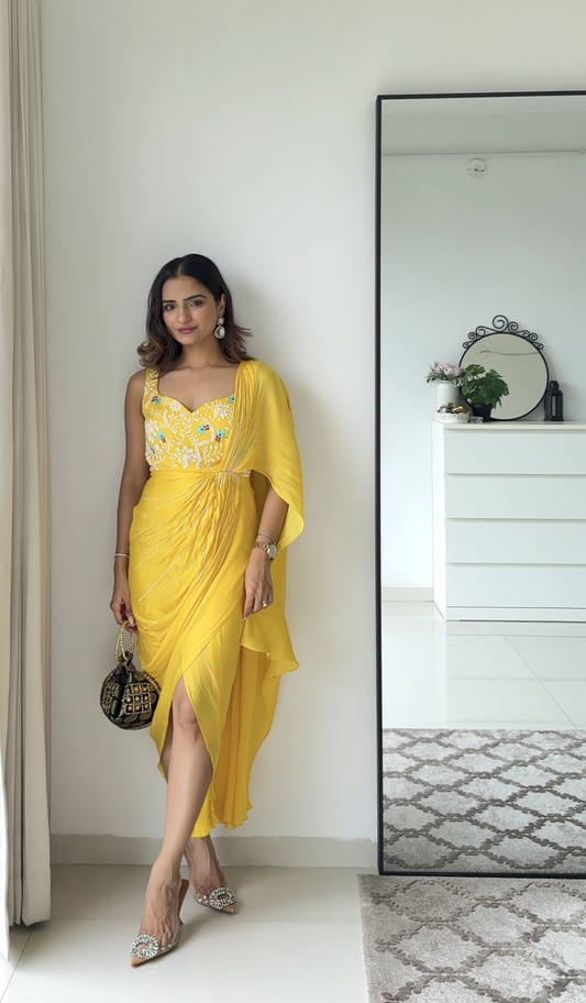 Yellow Embroidered Drape Saree Gown