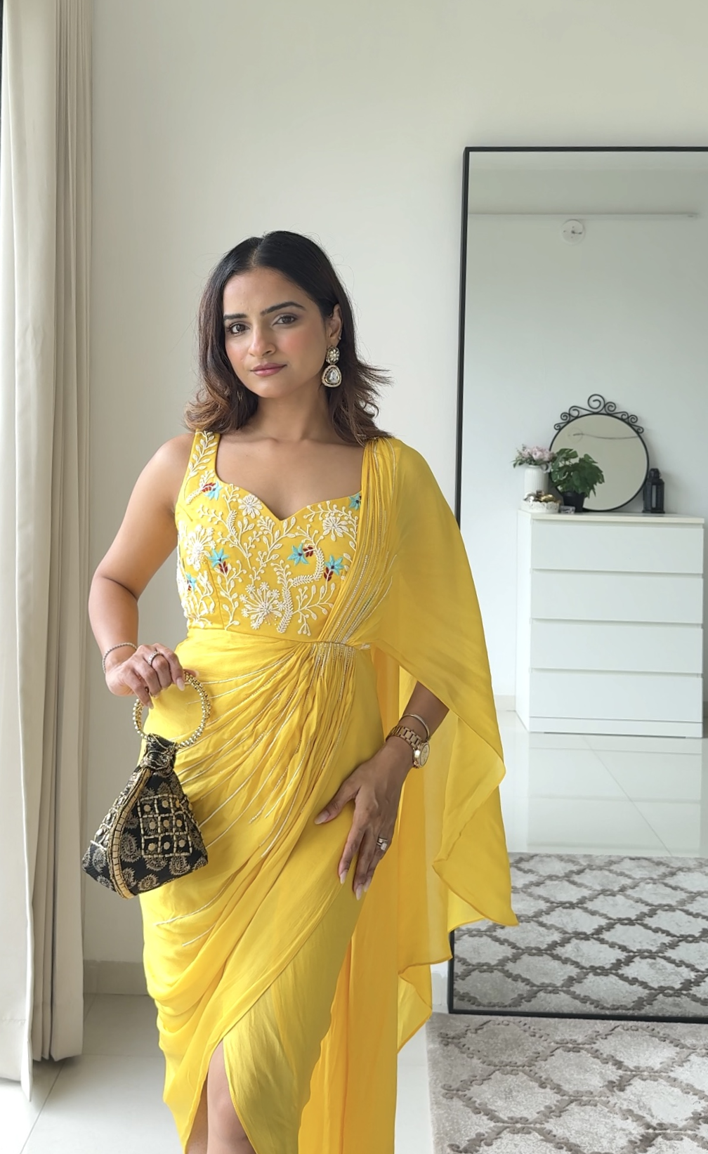 Yellow Embroidered Drape Saree Gown