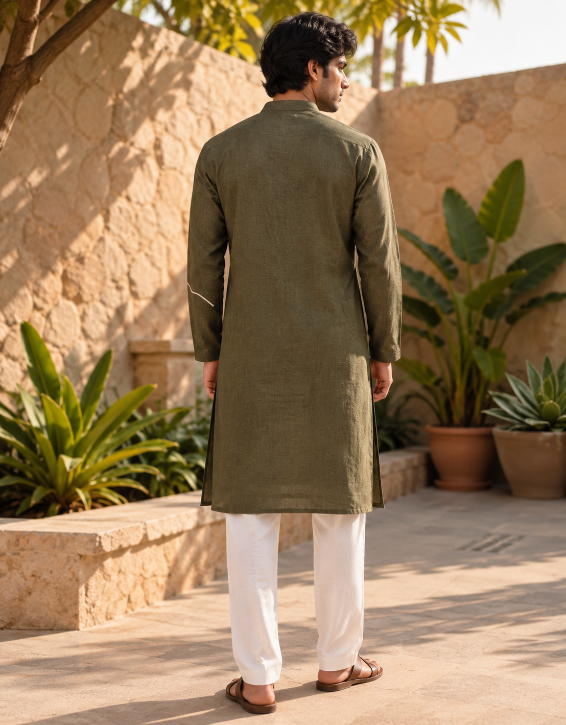 A man viewed from behind wearing an olive green long kurta with white trousers and brown sandals, standing in a sunlit outdoor courtyard with stone walls and potted plants.