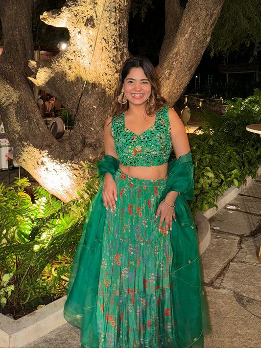 Green Printed Lehenga