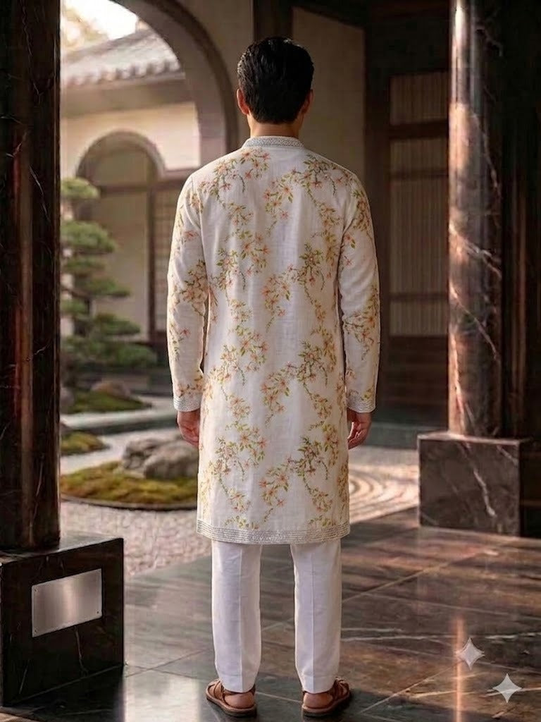 Ivory Embroidered Hemp Kurta