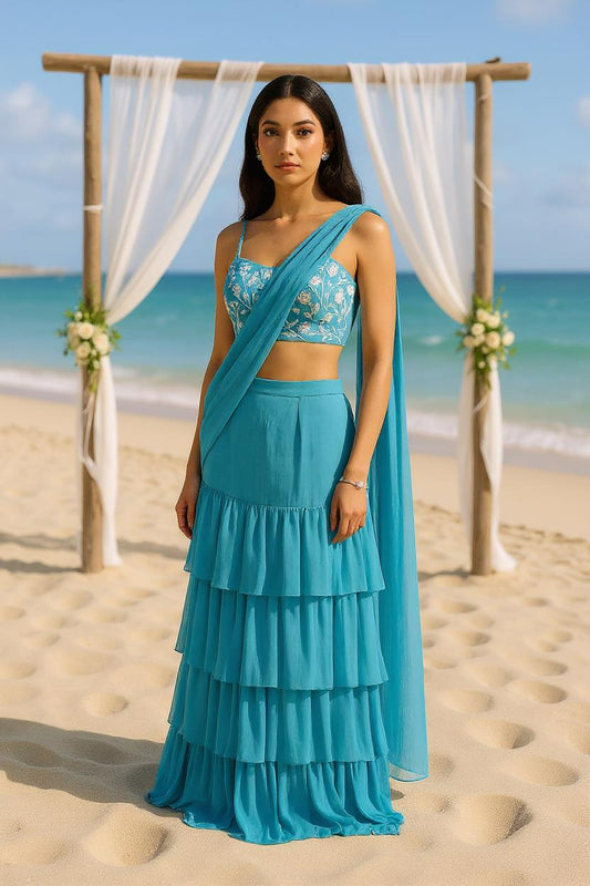 Teal Embroidered Pre-Drape Saree