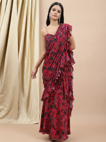 Red Jungle Print Drape Saree