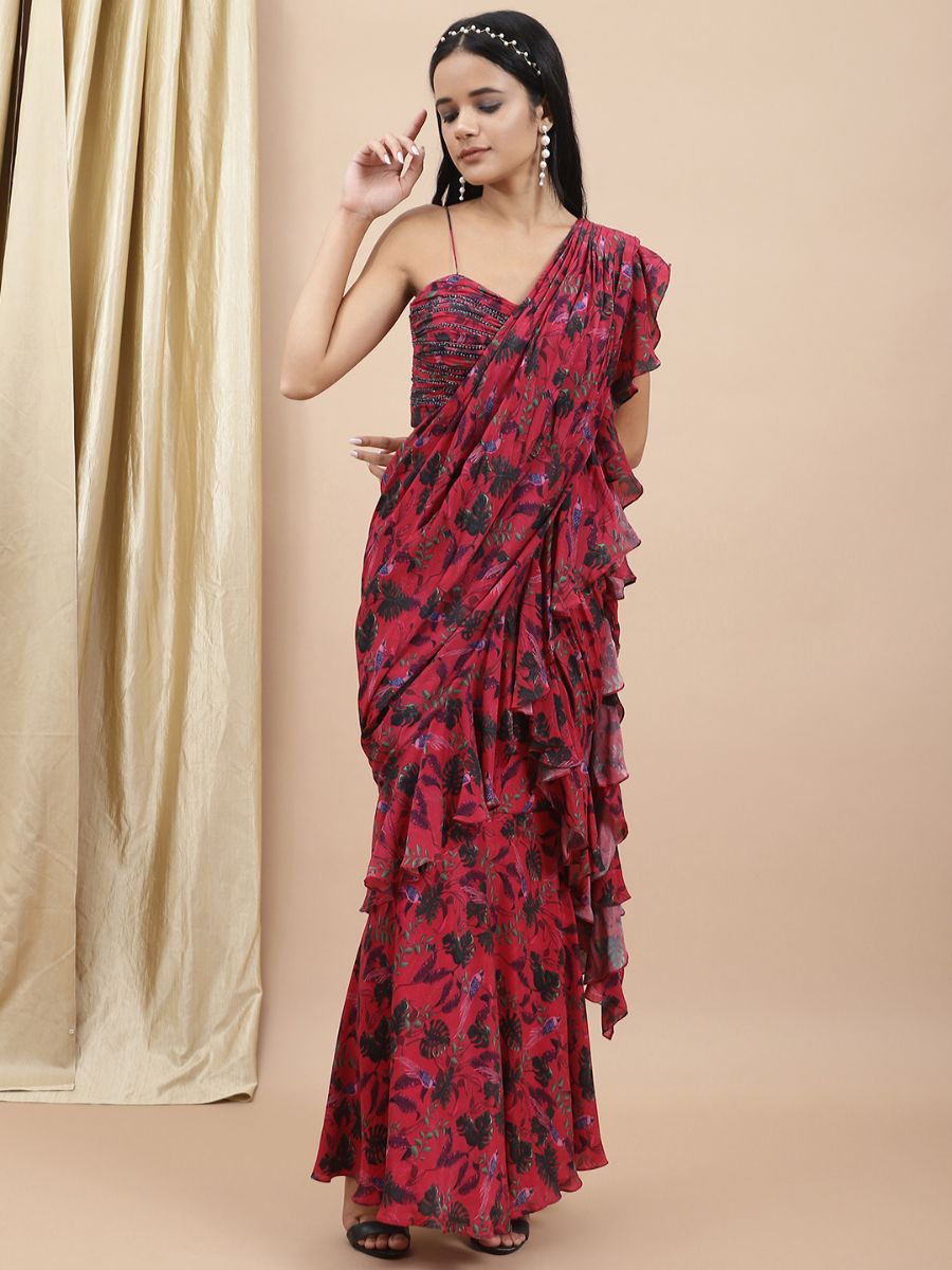 Red Jungle Print Drape Saree