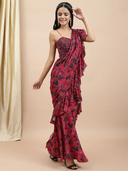 Red Jungle Print Drape Saree