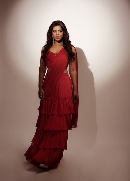 Red Embroidered Pre-Drape Saree