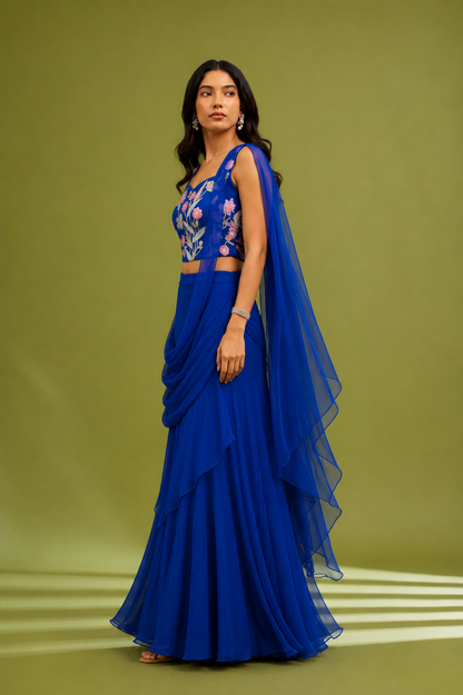 Blue Embroidered Saree Gown