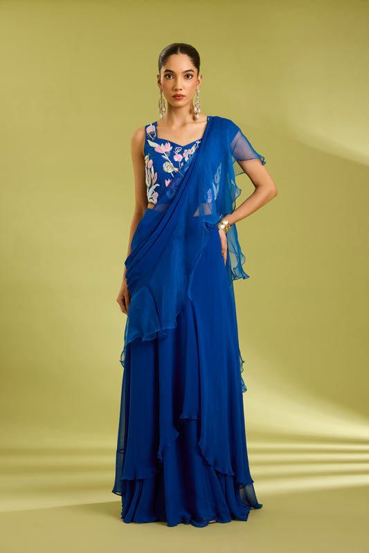 Blue Embroidered Saree Lehenga