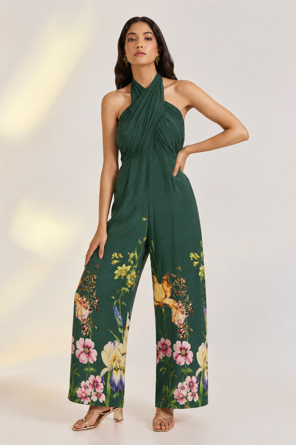 Green Floral Draped Jumpsuit