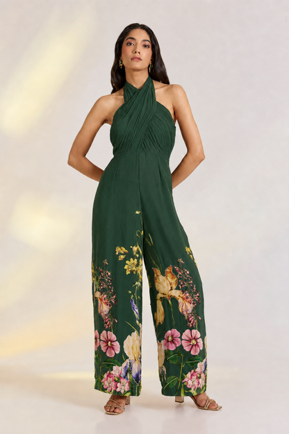 Green Floral Draped Jumpsuit
