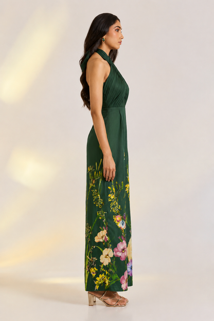 Green Floral Draped Jumpsuit