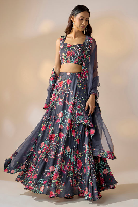 Midnight Blue Floral Embroidered Lehenga