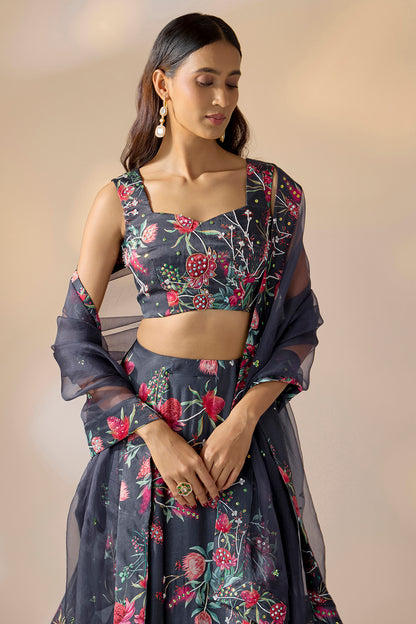 Midnight Blue Floral Embroidered Lehenga