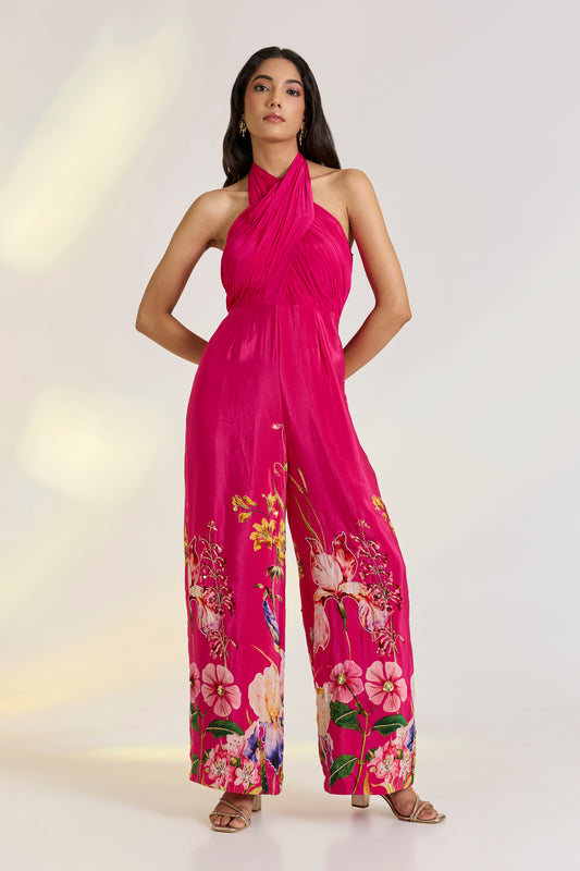 Pink Floral Draped Jumpsuit