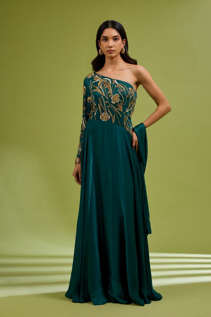 Green One Shoulder Gown