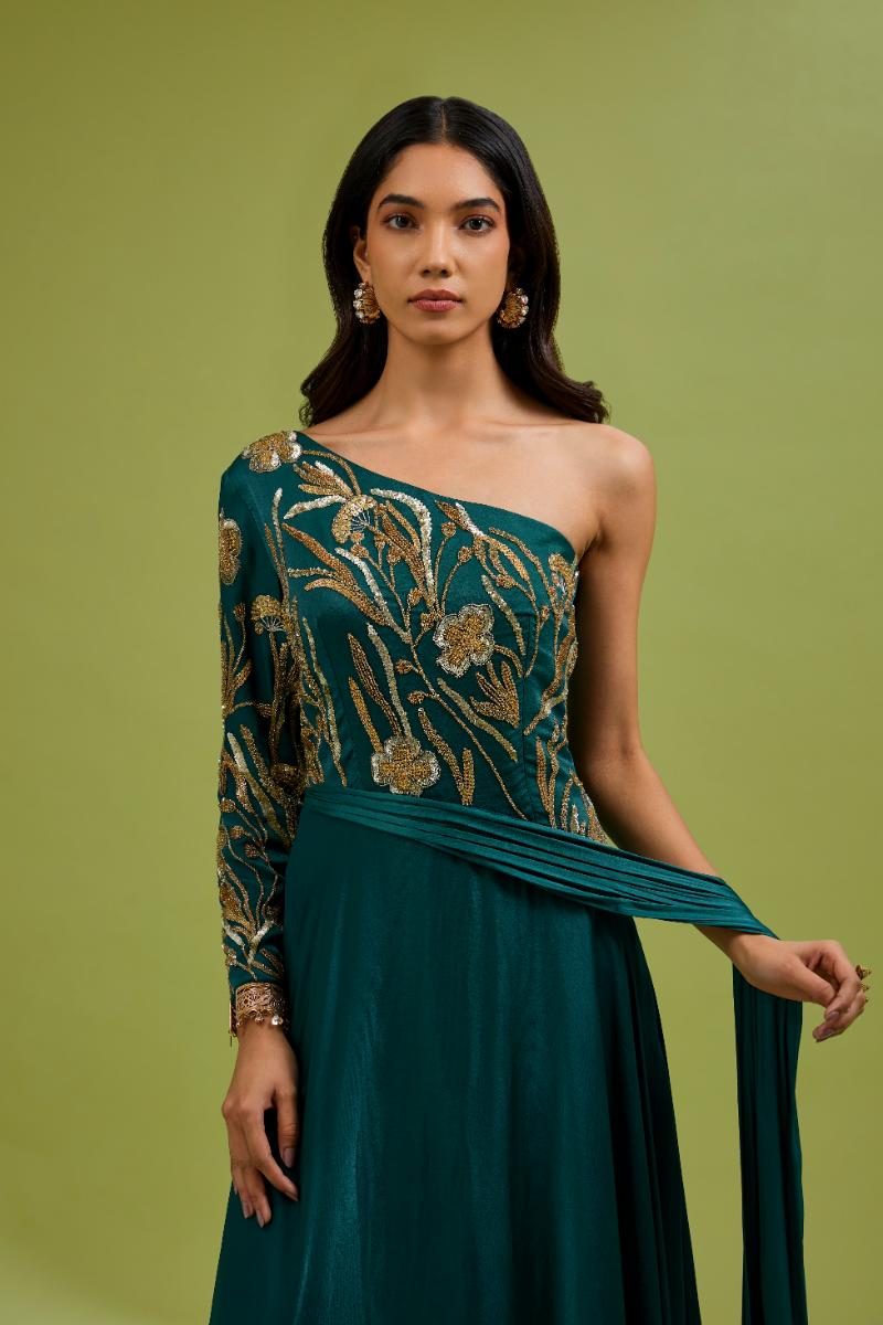 Green One Shoulder Gown