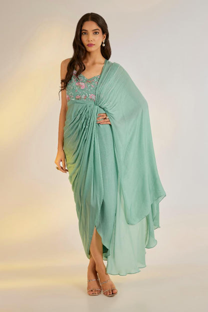 Sage Green Embroidered Saree Gown