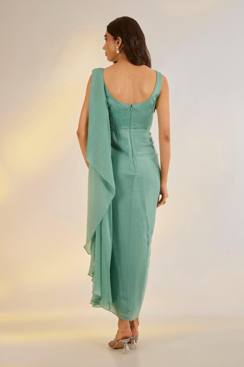 Sage Green Embroidered Saree Gown