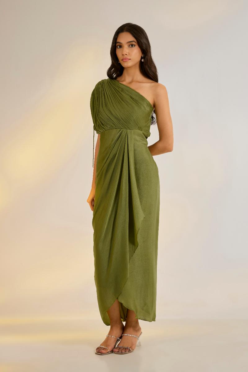 Olive Green Cowl Drape Dress Ewoke Studio Olive Green Cowl Drape Dress Ewoke Studio