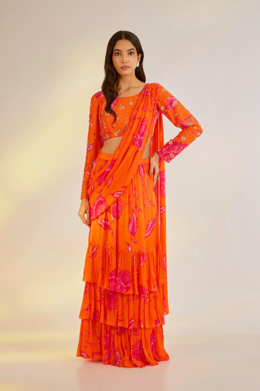 Orange Ruffle Saree Lehenga