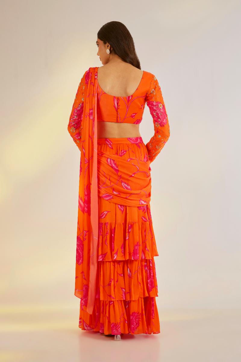 Orange Ruffle Saree Lehenga