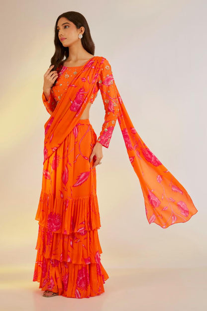 Orange Ruffle Saree Lehenga