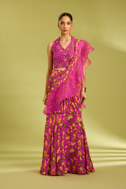 Pink Embroidered Saree Gown