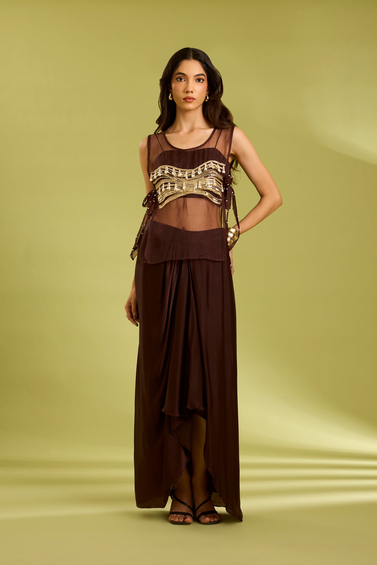 Brown Embroidered Drape Set