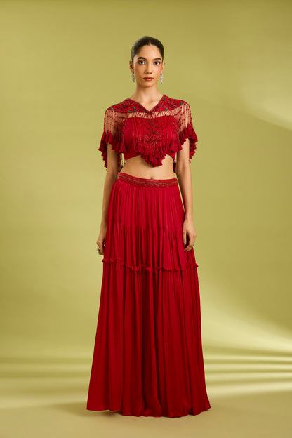 Red Embroidered Lehenga with Cape