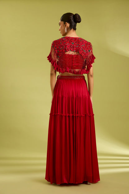 Red Embroidered Lehenga with Cape