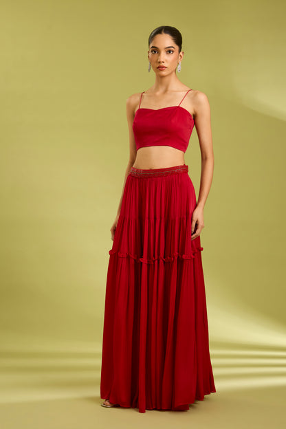 Red Embroidered Lehenga with Cape