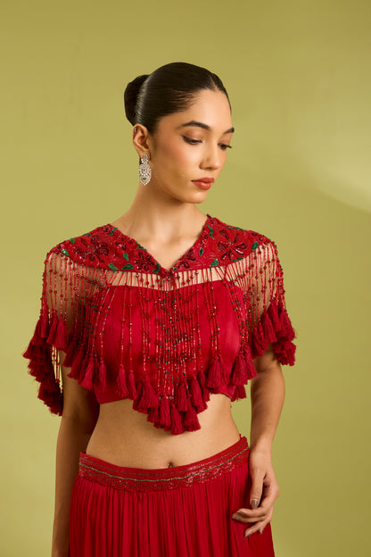 Red Embroidered Lehenga with Cape