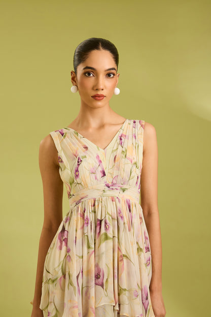 Ecru Floral Assymetric Mini Dress