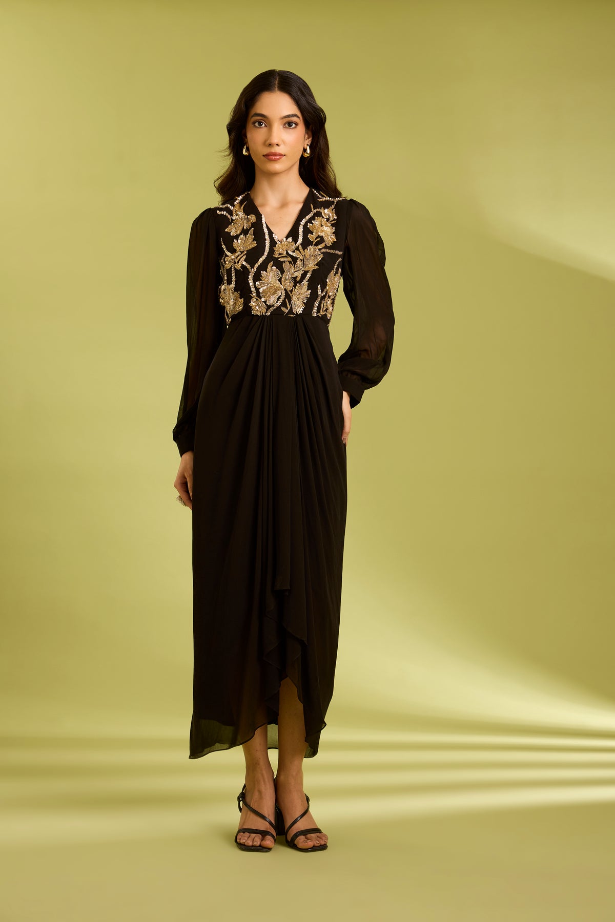 Black Embroidered Drape Dress