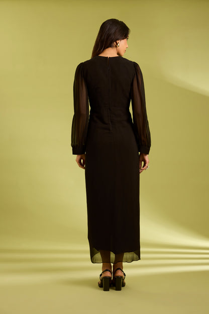 Black Embroidered Drape Dress