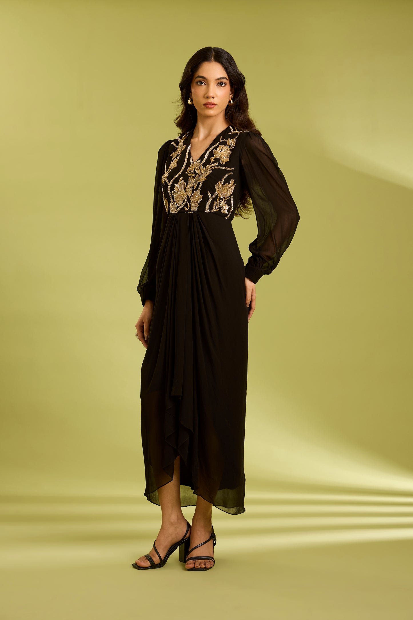 Black Embroidered Drape Dress