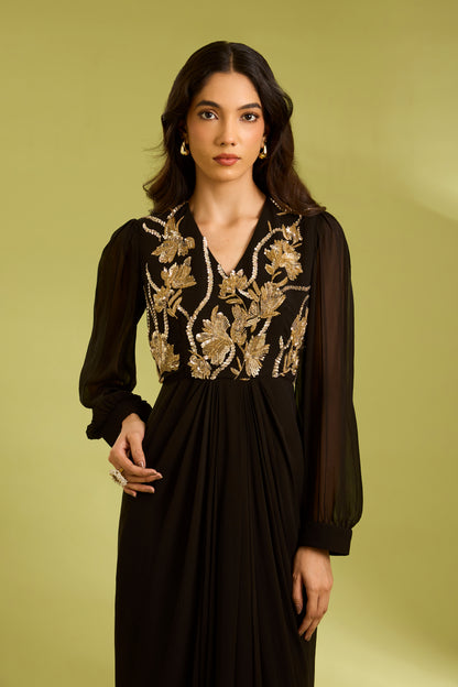 Black Embroidered Drape Dress