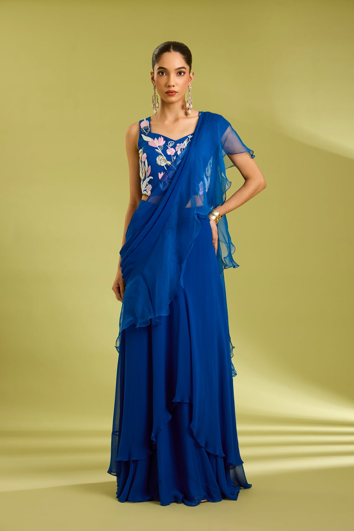 Blue Embroidered Saree Lehenga