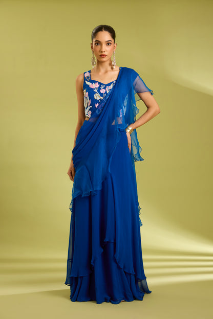 Blue Embroidered Saree Lehenga
