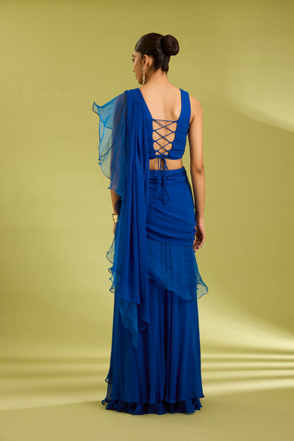 Blue Embroidered Saree Lehenga