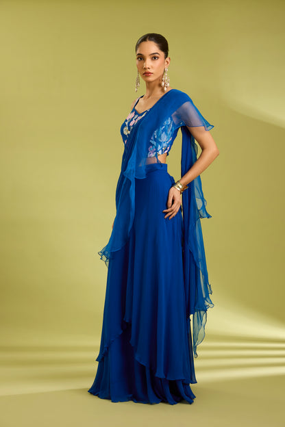 Blue Embroidered Saree Lehenga