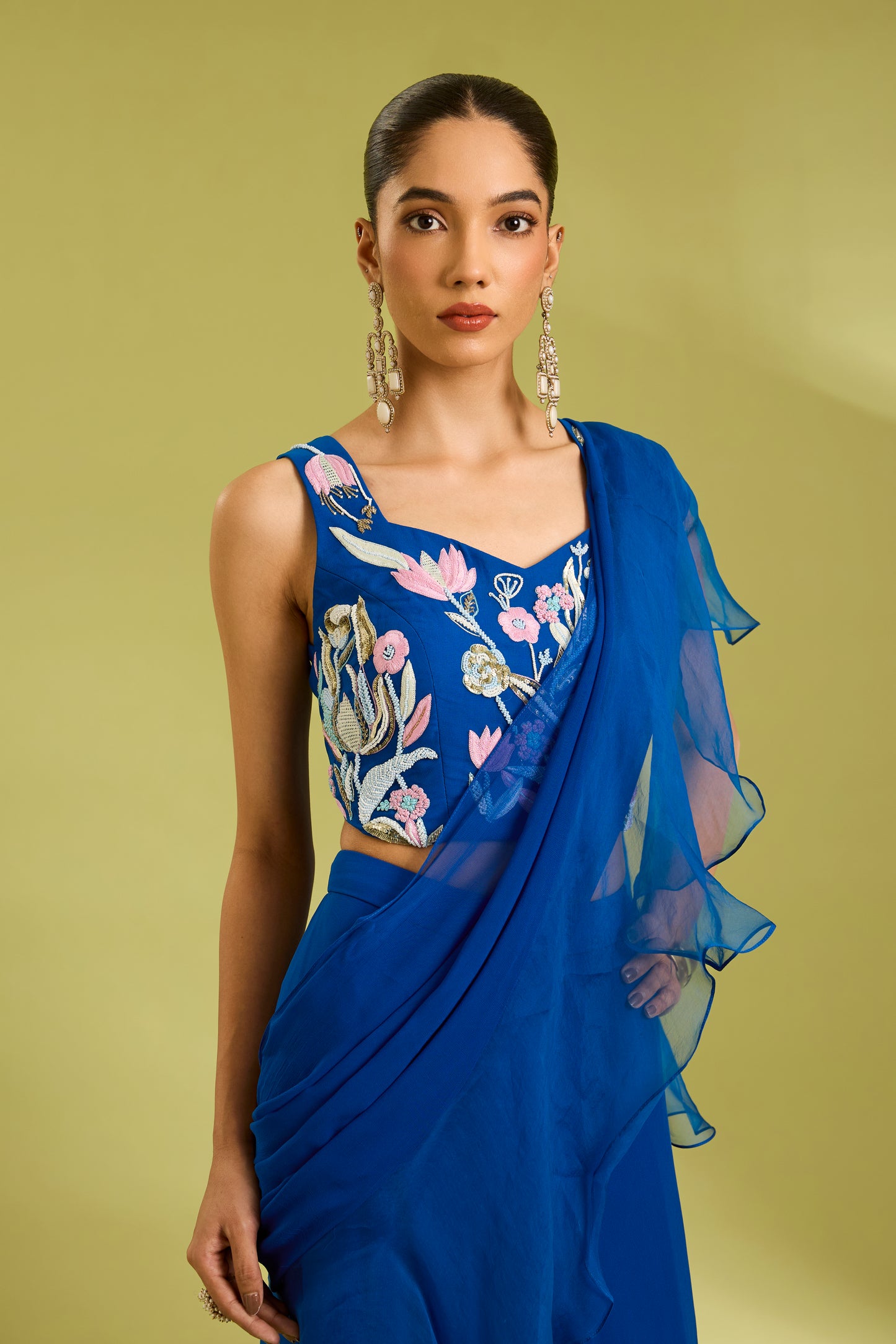 Blue Embroidered Saree Lehenga