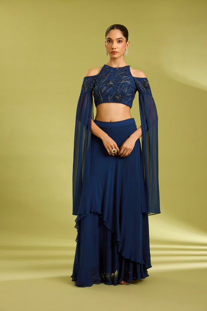 Blue Embroidered Lehenga with Cape Sleeves