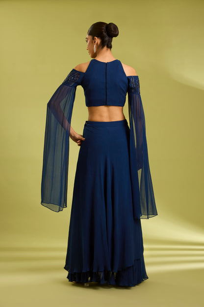 Blue Embroidered Lehenga with Cape Sleeves